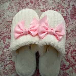 Cozy Cream Slippers with Pink Satin Bows